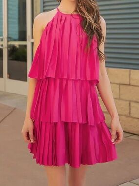 Strut and Bold Barbie Pink Pleated Satin Tiered 
Dress, Size Large